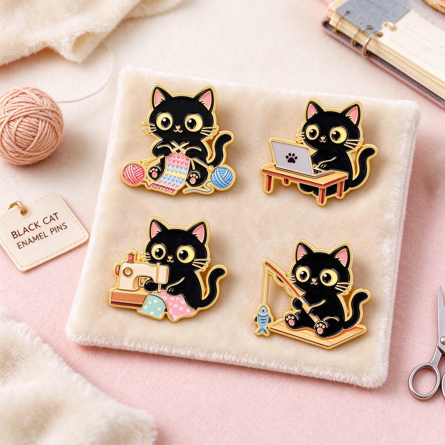 Kawaii Tech Accessories - 4pcs Kawaii Working Black Cat Enamel